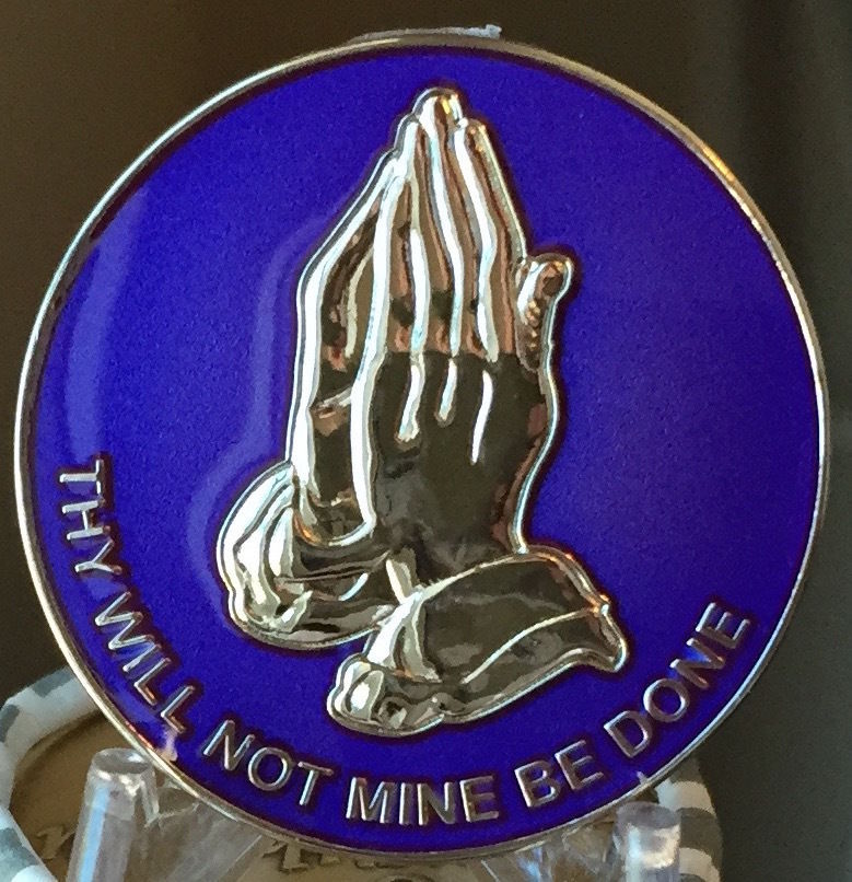 Praying Hands Thy Will Not Mine Be Done Purple Silver Plated Medallion Spiritual - $12.99