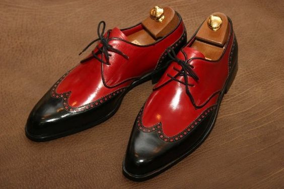 Men Two Tone Red Black Derby Plain Pointed Toe Wing Tip Leather Shoes US 7-16