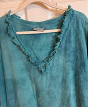 Cottonways Frayed V Neck Trim Asymmetric Hem Cotton Tunic &amp; Pants Turquoise - $1,092.97 MXN