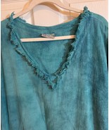 Cottonways Frayed V Neck Trim Asymmetric Hem Cotton Tunic &amp; Pants Turquoise - $1,092.97 MXN