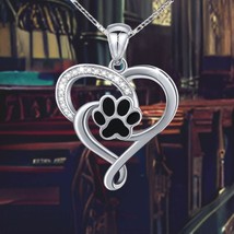 Paw Heart Necklace 925 Sterling Silver Paw Print Pendant Necklace 18 inches - $102.00