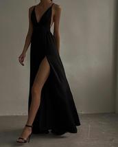 Sexy Black Long Prom Dress Deep V Neck Split Backless Satin Evening Dresses - £95.35 GBP