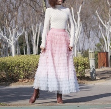 Pastel Pink Tiered Tulle Skirt Outfit Women Plus Size Tulle Maxi Skirt image 1