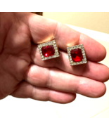 Mens Large 14K Gold Plated Iced Bling CZ Cubic Zirconia Red Stone Earrings 24mm - $9.89