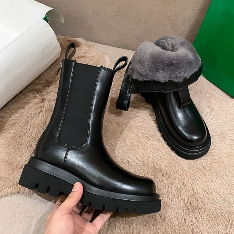 Autumn  Chelsea Boots Women 2024  Black Platform Plush  Boots Female  Ankle Boot - £90.22 GBP