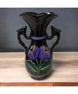 8” Black Clay Handpainted Vase with purple flowers Barro Negro Oaxaca - $34.50