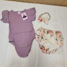 Infant 3 pc Outfit 12 Mths (80 cm) One Piece Ruffled Headband Bow Purple Floral - £10.02 GBP