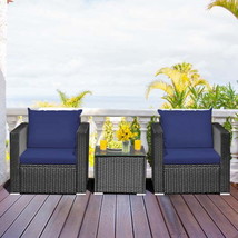 Furniture Set 3 Pieces Patio Wicker with Cushion-Navy - £307.76 GBP