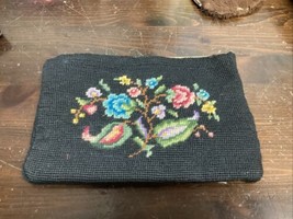 Vintage Floral Black Needlepoint Coin Purse, Clutch - $11.88