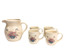 Vintage WBI Pitcher 4 Mugs Bluebirds Ribbons Floral Basket Hot Chocolate Set - £33.17 GBP