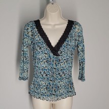 Emma James Classy Beaded Blouse Shirt ~ Sz PS ~ 3/4 Sleeve ~ Brown &amp; Blue - £13.54 GBP