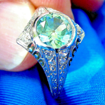 Deco Blue Zircon Diamond Platinum Engagement Ring Antique Gatsby era Sol... - $15,815.25