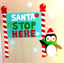 Christmas Decals SANTA STOP HERE Penguin Wall Art Removable Stickers Door Decor - £3.01 GBP