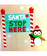 Christmas Decals SANTA STOP HERE Penguin Wall Art Removable Stickers Doo... - £2.96 GBP