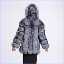 Full Pelt Luxury Hooded Silver Blue Long Sleeve Mink Faux Fur Overcoat Parka image 2