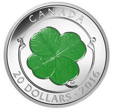 1 Oz Silver Coin 2016 Canada $20 Lucky Four-Leaf Clover With Green Enamel - £127.31 GBP