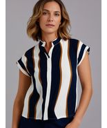 Women Top Unbranded Women V-Neck Short Sleeve Top Size L Blue/Brown/White - $8.17 CAD