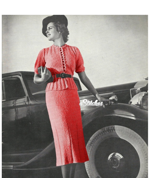 1930s Scallop Accented Blouse and Skirt Suit Dress - Knit Pattern (PDF 4102) - $3.75