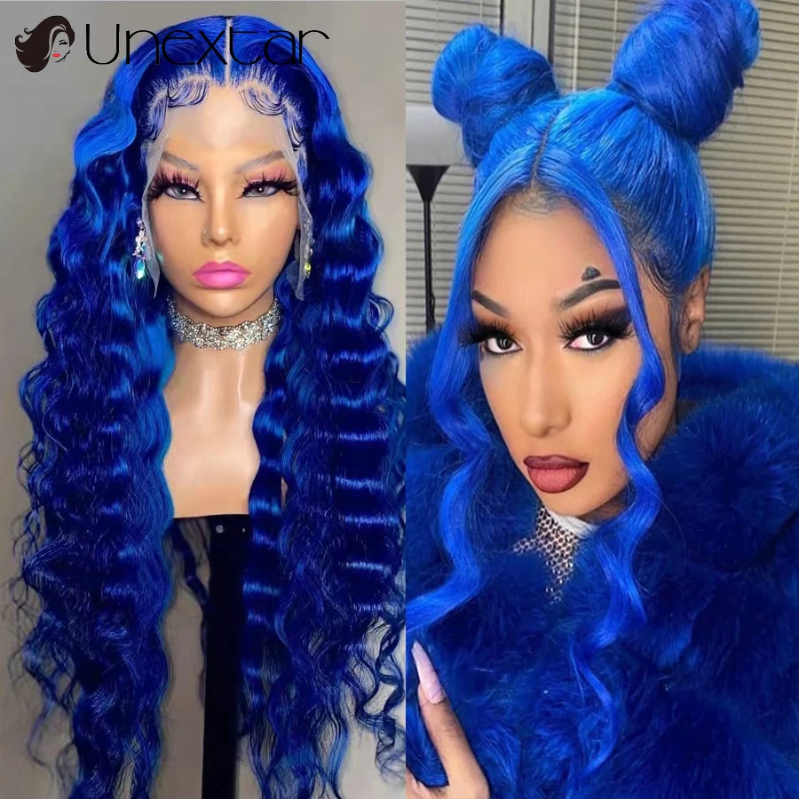 Brazilian Remi Real Hair Blue Color Deep Wave Human Hair Wigs 13×4 Lace Frontal - £323.02 GBP