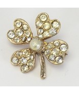 Gold Tone 4 Leaf Clover w/Clear Rhinestones Brooch Pin Faux Pearl  .86&quot; ... - €14,39 EUR