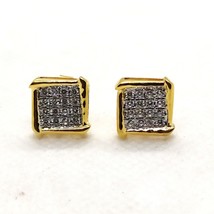 Schöne Gerahmt Quadrat Ohrstecker Cubic Zirkonia Echt 14K Gelb Vergoldet - £23.99 GBP