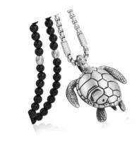 Black Natural Agate Stone Necklace,Stainless Sea - $62.45