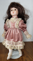 Brown Eyed Girl With Long Brown Hair in Pink Lace Dress 15 Inch Porcelain Doll - £7.50 GBP