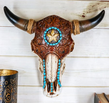 Western Star Tooled Leather Steer Bison Buffalo Bull Cow Horned Skull Wall Decor - £43.11 GBP