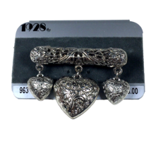 Vintage Brand 1928 Jewelry Co. Bar Pin Brooch with Dangling Charms Puffy Hearts - £16.51 GBP