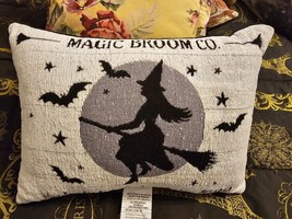 Halloween Pillow Magic Broom Co Witch Flying on Broom Bats Stars 13&quot; x 18&quot; - £11.87 GBP