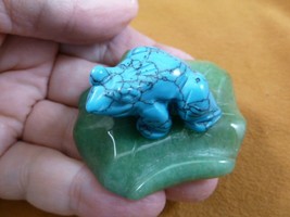 (Y-FRO-LP-710) Blue FROG frogs green LILY PAD stone gemstone CARVING fig... - $17.53