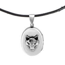 Clever Fox Face on Oval Shaped Sterling Silver Locket Cotton Cord Necklace - £27.86 GBP