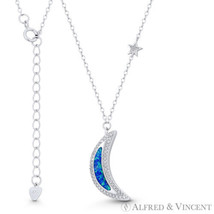 Crescent Moon &amp; Star Charm Blue Opal &amp; CZ Pendant .925 Sterling Silver Necklace - £22.00 GBP