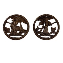 Vintage 2 Carved Circular Tropical Mexico Wall Art Medallions Plaques Burro - £11.92 GBP