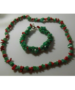 Women&#39;s Green Aventurine &amp; Coral Bead Necklace &amp; Double Strand Bracelet - $26.08 CAD