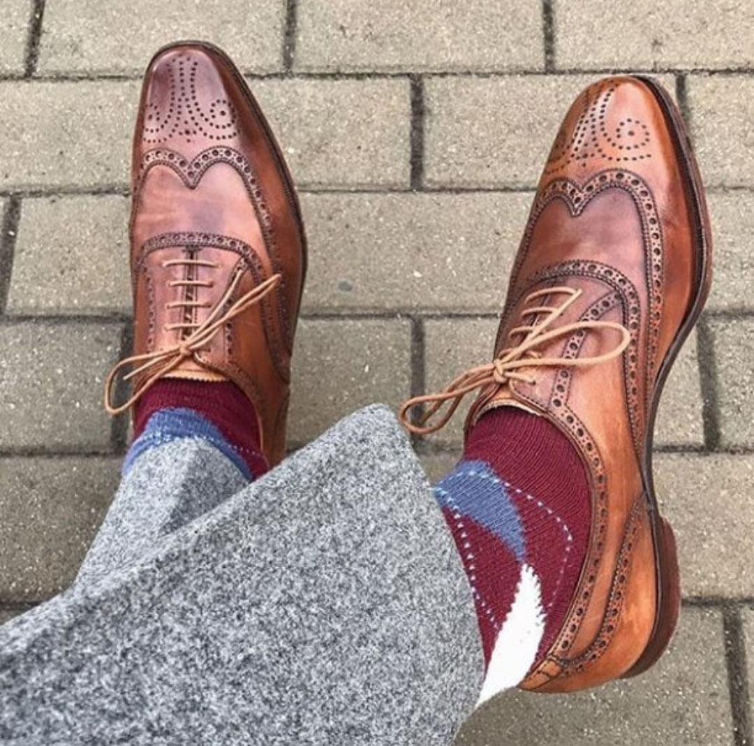 NEW Handmade Men's Cognac Wing Tip Shoes, Men's Leather Lace Up Formal Shoes