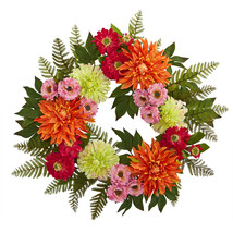 Nearly Natural 20” Dahlia Wreath Home Decor - £70.02 GBP