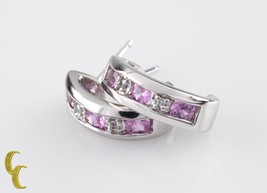 10k White Gold Diamond and Pink Sapphire Mini Hoop Stud Earrings - £383.75 GBP