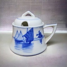 Antique Nippon Ware Old Blue Mustard Pot Container Windmill and Sailboat Scene - £38.65 GBP
