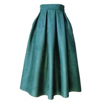 Green Suede Midi Skirt Outfit Womens Autumn Winter Midi Pleated Skirt