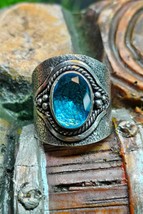 Blue Topaz Boho Ring – Wide Band Tribal Silver Statement Ring | Adjustab... - $70.56 CAD