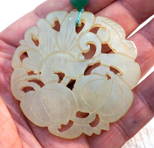 Pale Yellow Translucent Jade Sculpted Pendant Fruits &amp; Floral - £91.55 GBP