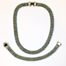 Aqua Blue Rhinestone &amp; Gold Tone Necklace &amp; Bracelet Set Vintage MCM Prom Bridal - £39.80 GBP