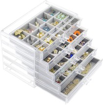 Watpot Gray Acrylic Jewelry Box With 5 Drawers, Clear Earring Storage Organizer - £34.67 GBP