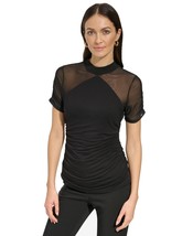 DKNY Womens Mesh-Sleeve Mock Neck Black L - £13.06 GBP