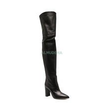 Solid Black Chunky Pointy Toe Over the Knee Boots Ladies Winter Size 36-46 Slim  - £175.90 GBP