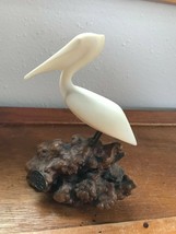 John Perry Marked White Pelican Bird Perched on Burl Wood Nautical Seafa... - $19.39