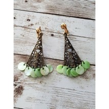 Vintage Clip On Earrings Ornate Triangular Shape Dangle with Green Circles - £10.80 GBP