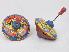 Vintage Tin Litho Spinning Top Set Kids Playing with Ball 50s 60s Made USA Works - $27.44