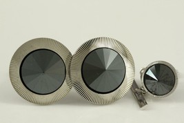 Vintage Mens Costume Jewelry Cuff Links &amp; Stud Faceted Hematite Silver T... - £16.77 GBP